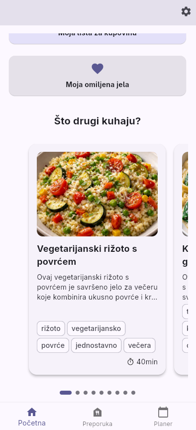 Glavni ekran Blitva aplikacije za planiranje obroka